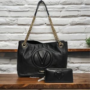 Valentino Quilted Shoulder Bag With Gold Chain +Wallet in Black NWT